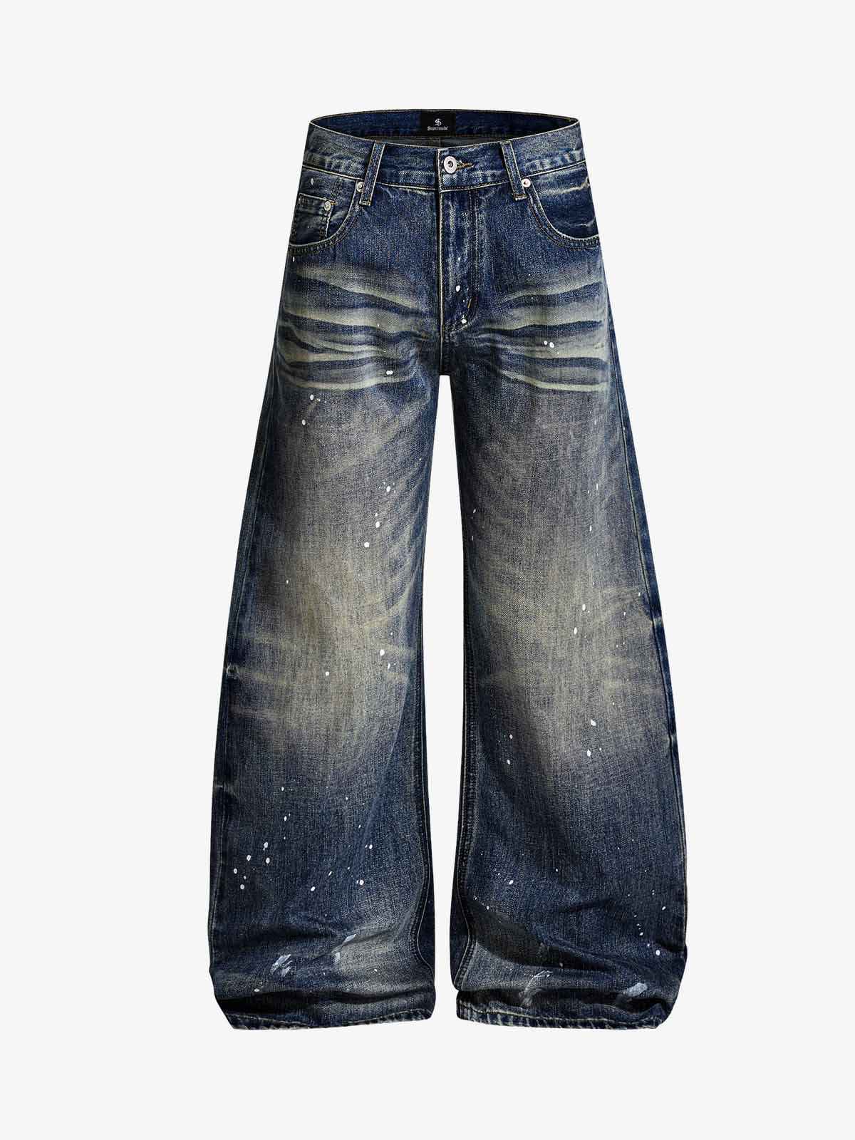 Washed Paint-Splatter Pleated Barrel Jeans