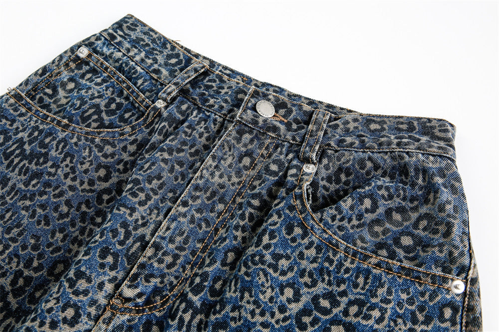Leopard Print Barrel Jeans | Wide Leg High Rise Streetwear Denim - Luxuryurbanwear
