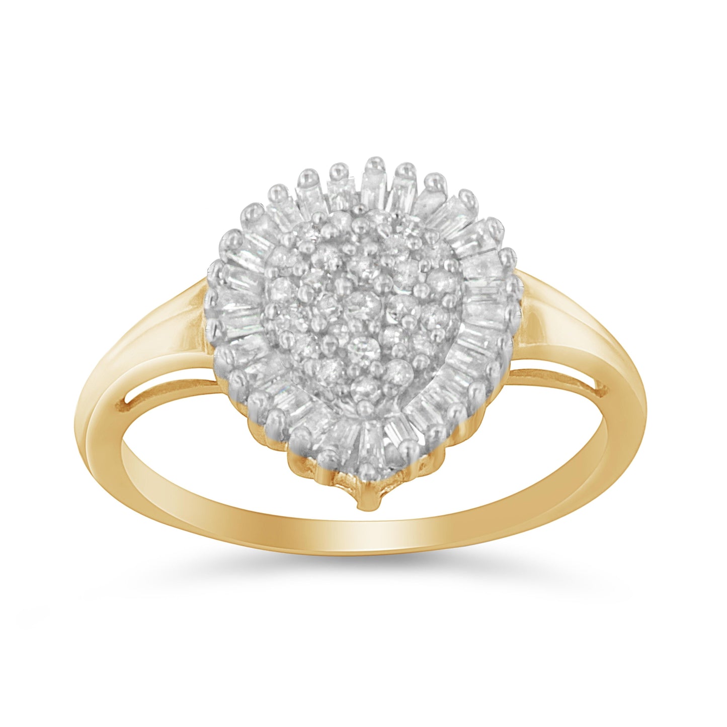 10K Yellow Gold 1/2 Cttw Round & Baguette Cut Diamond Pear Shaped Domed Pavé Cluster with Halo Cocktail Ring (J-K Color, I1-I2 Clarity) - Size 4-1/4