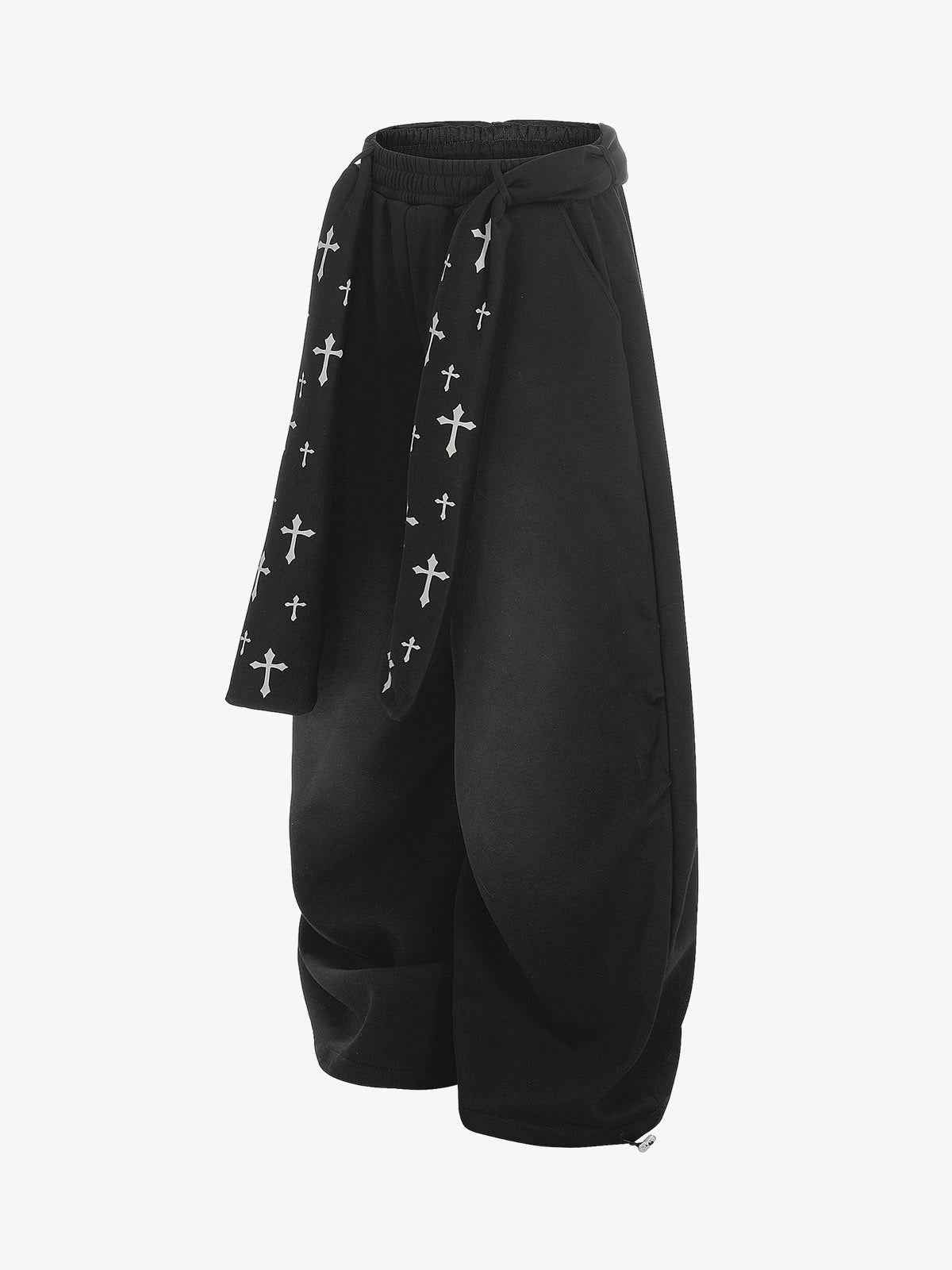 Cross Print Long Tie Detail Baggy Sweatpants