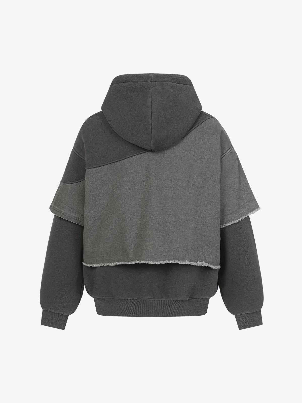 Distressed Patchwork Raw-Edge Layered-Hem Fleece Hoodie