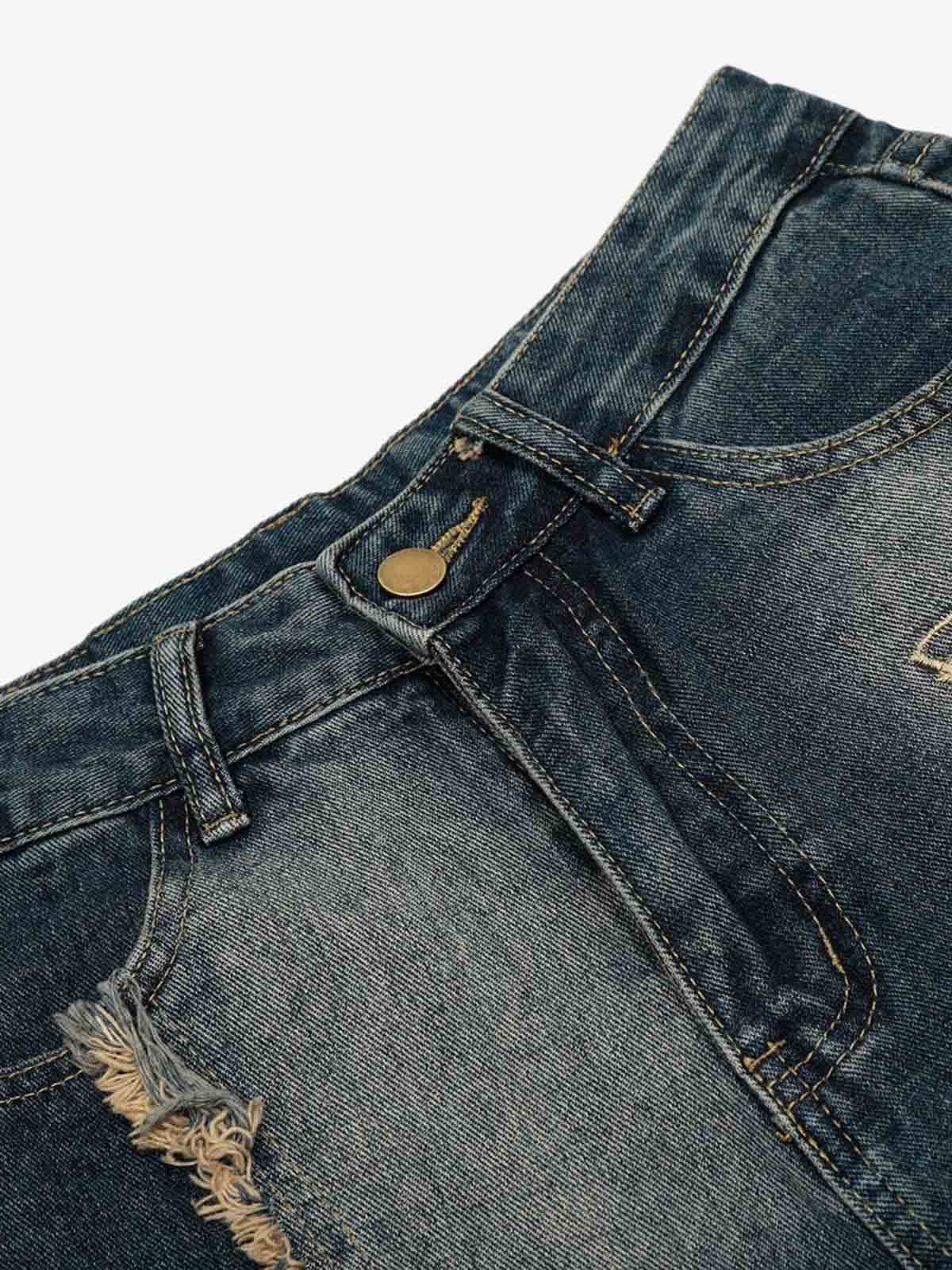 Vintage Embroidered Washed Raw-Edge Graffiti Scimitar Jeans - Luxuryurbanwear