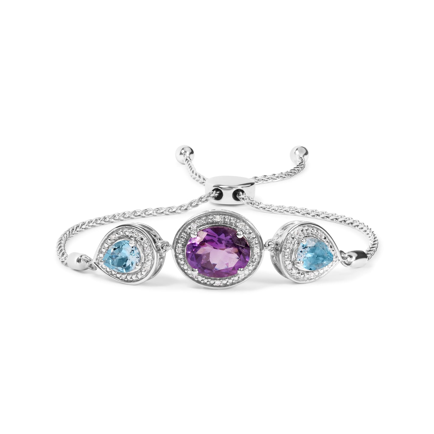 .925 Sterling Silver Oval Amethyst and Pear Blue Topaz with Diamond Accent Lariat 4â€-10†Adjustable Bolo Bracelet (H-I Color, SI1-SI2 Clarity)