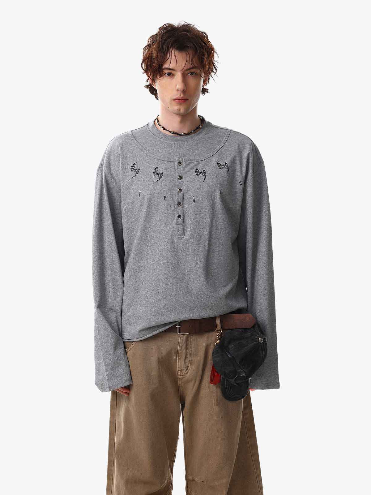 Layered Neck Button Detail Long Sleeve T-Shirt