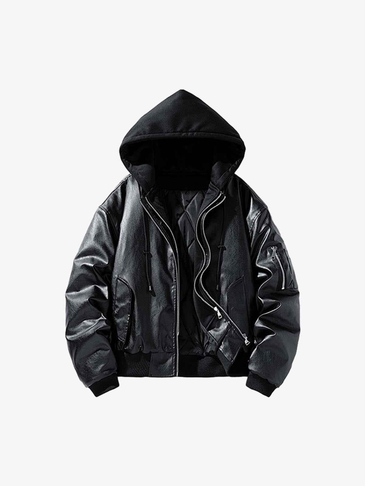 Retro Leather Faux Two-Piece Hooded Padded Bomber Jacket