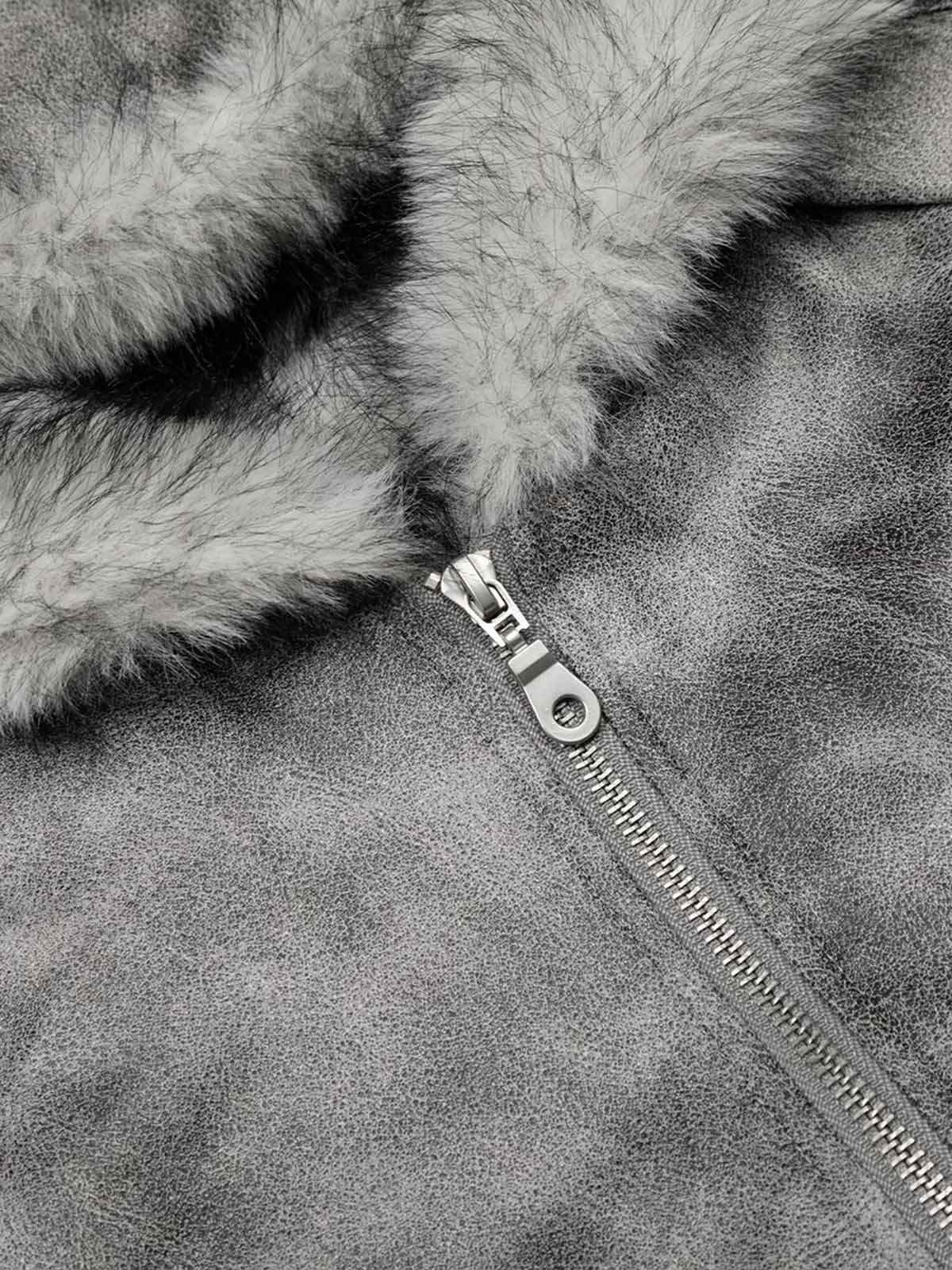 Faux Suede Vintage Wash Fur Hood Padded Jacket - 2553