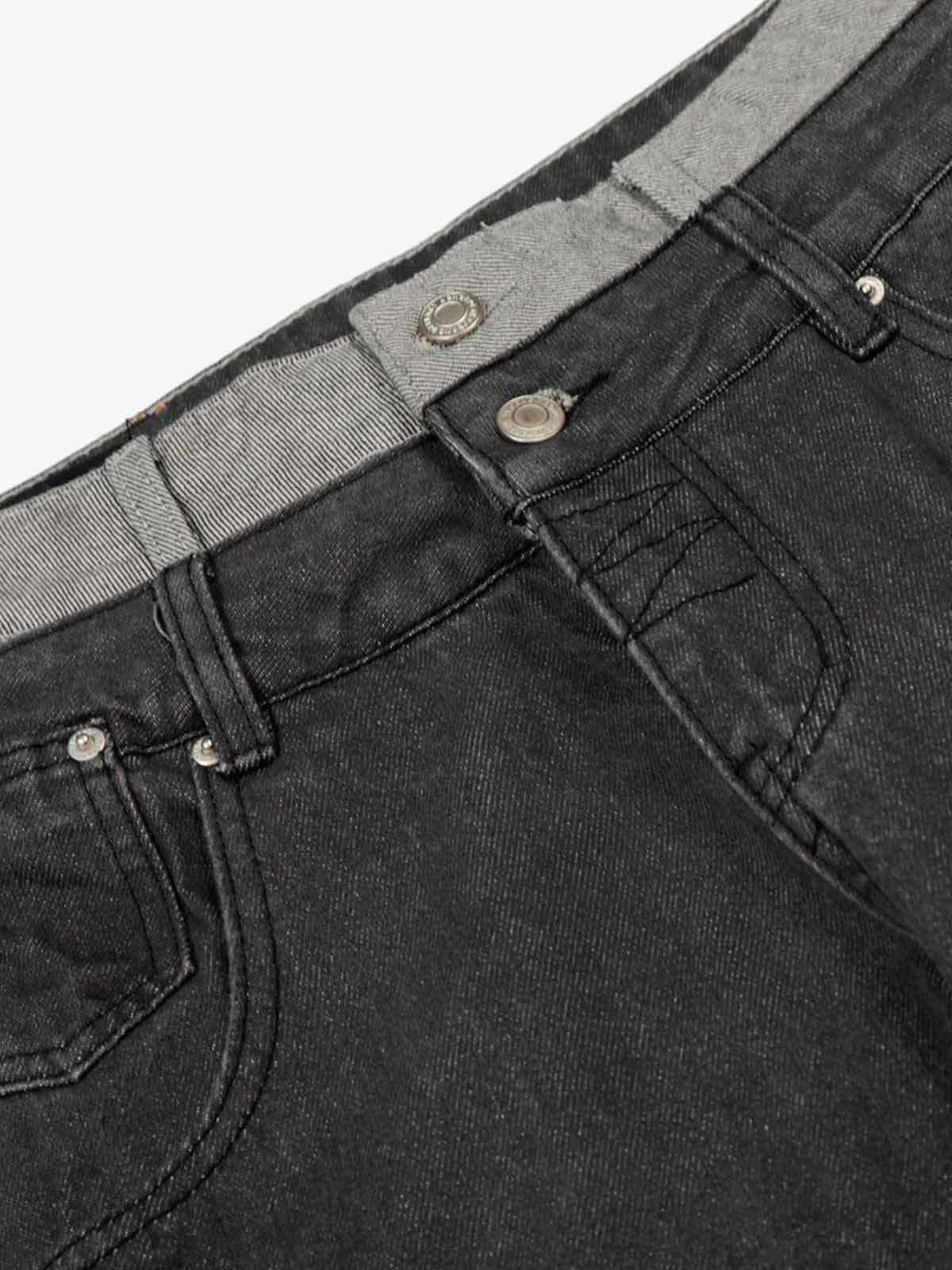 Vintage Washed Layered Waist Wide Leg Denim Jeans