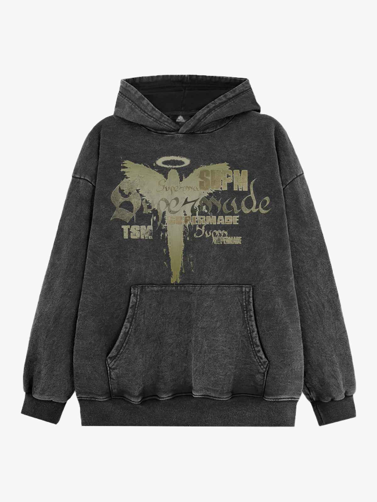 Vintage Washed Angel Halo Distressed Letter Graphic Hoodie