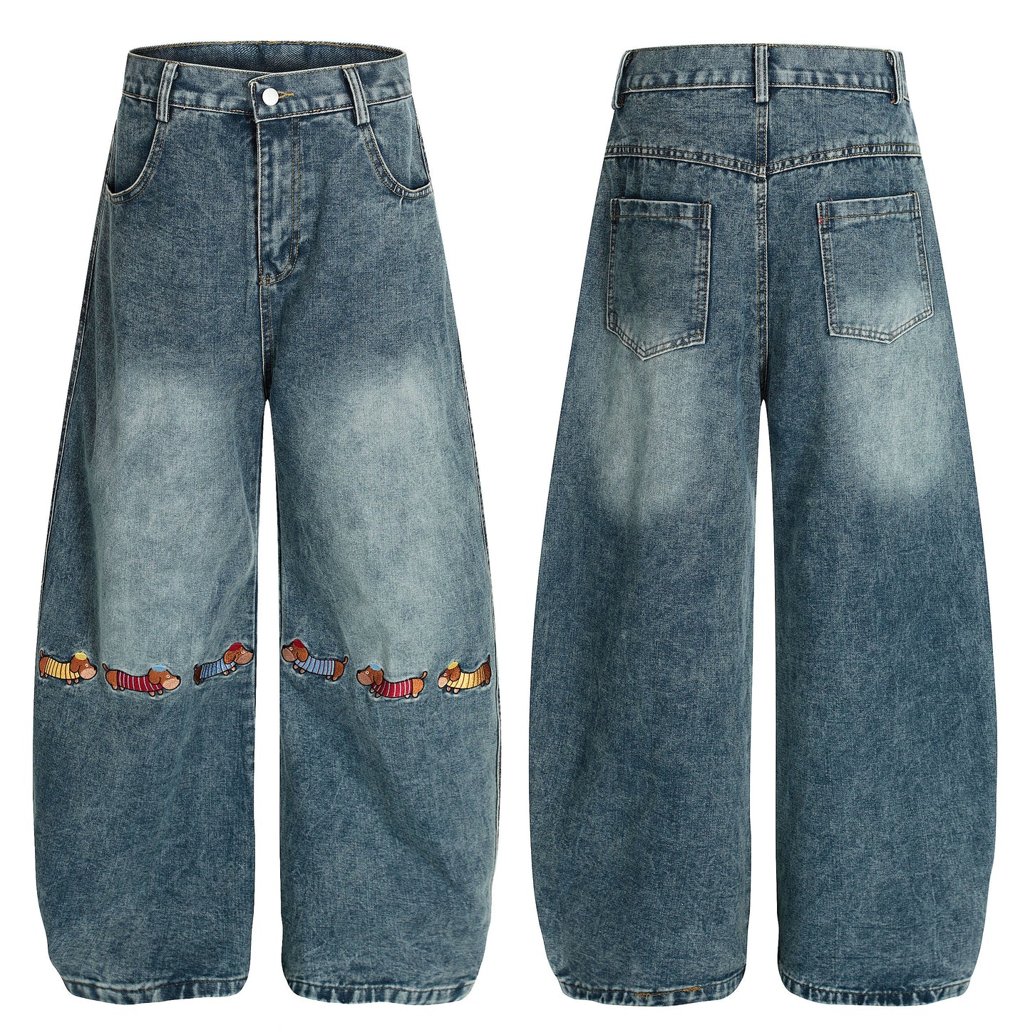 Pup Parade | Playful Dog Embroidered Denim Pants - Luxuryurbanwear
