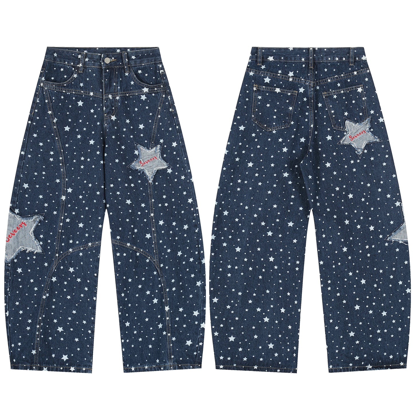 Seventy Star | All-Over Star Print Jeans with Applique - Luxuryurbanwear