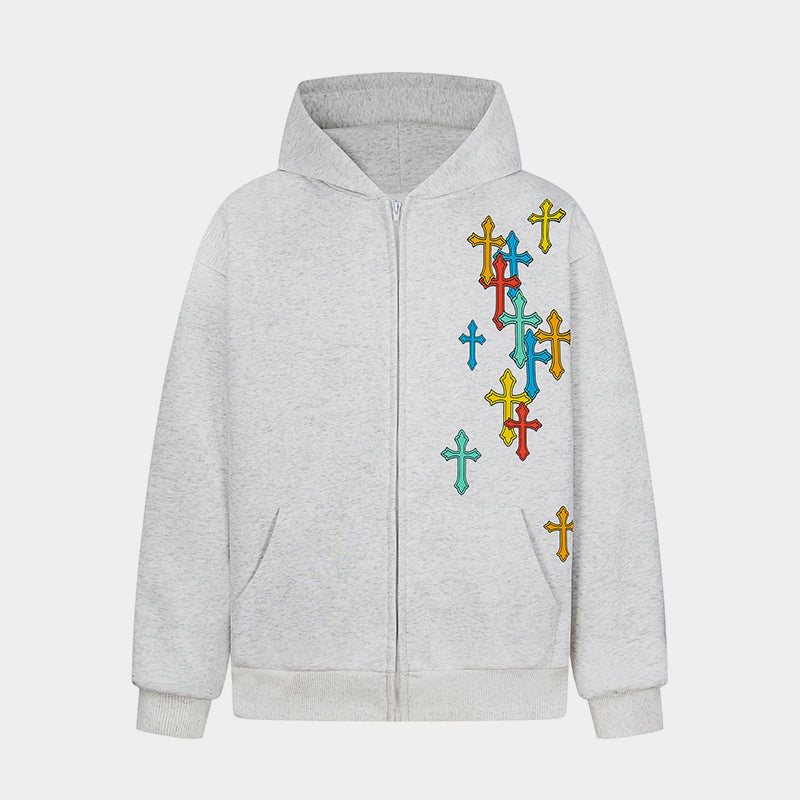 Colorful Cross Patch | Zip-Up Hoodie - Luxuryurbanwear