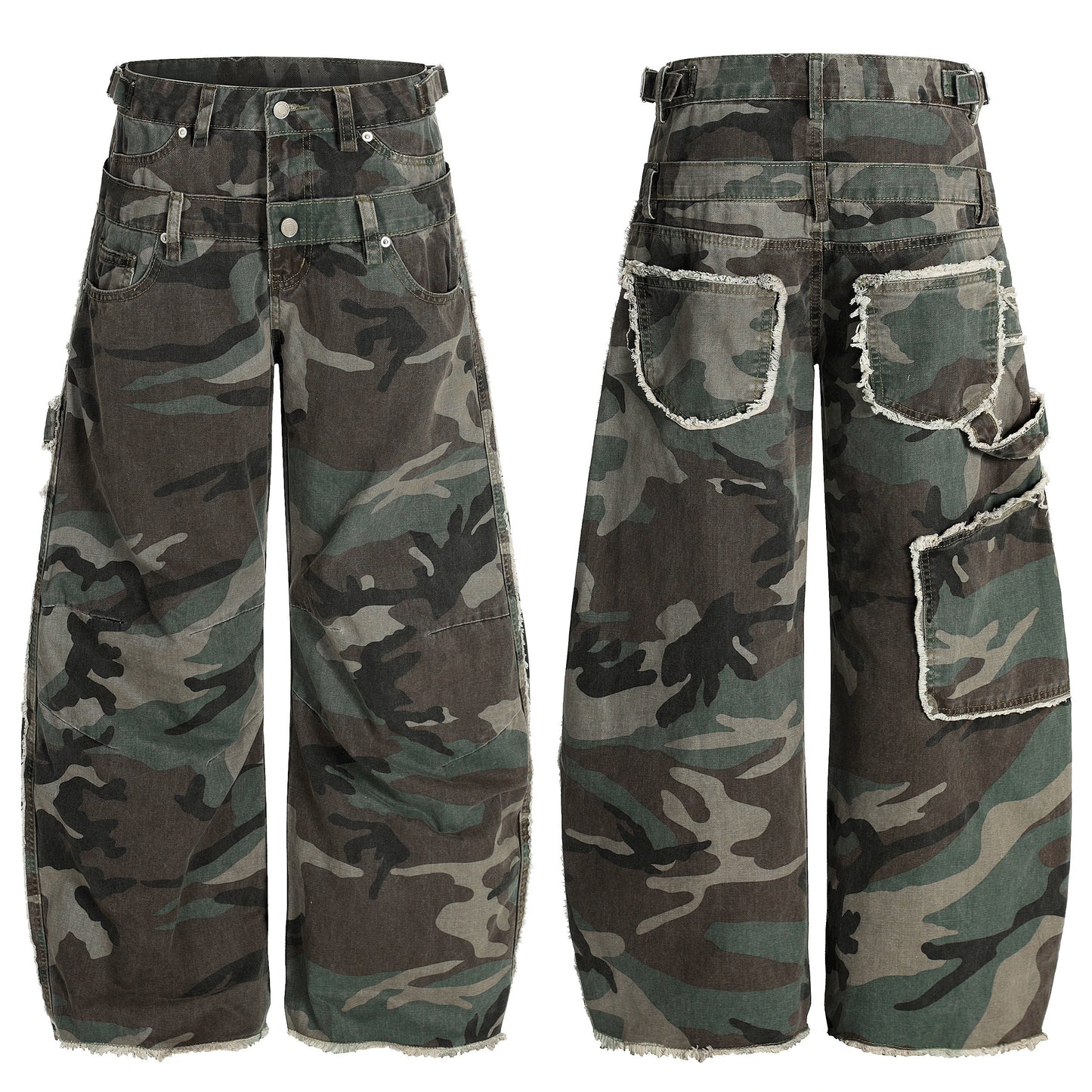 Phantom Camo | Layered Waist Baggy Cargo Pants - Luxuryurbanwear
