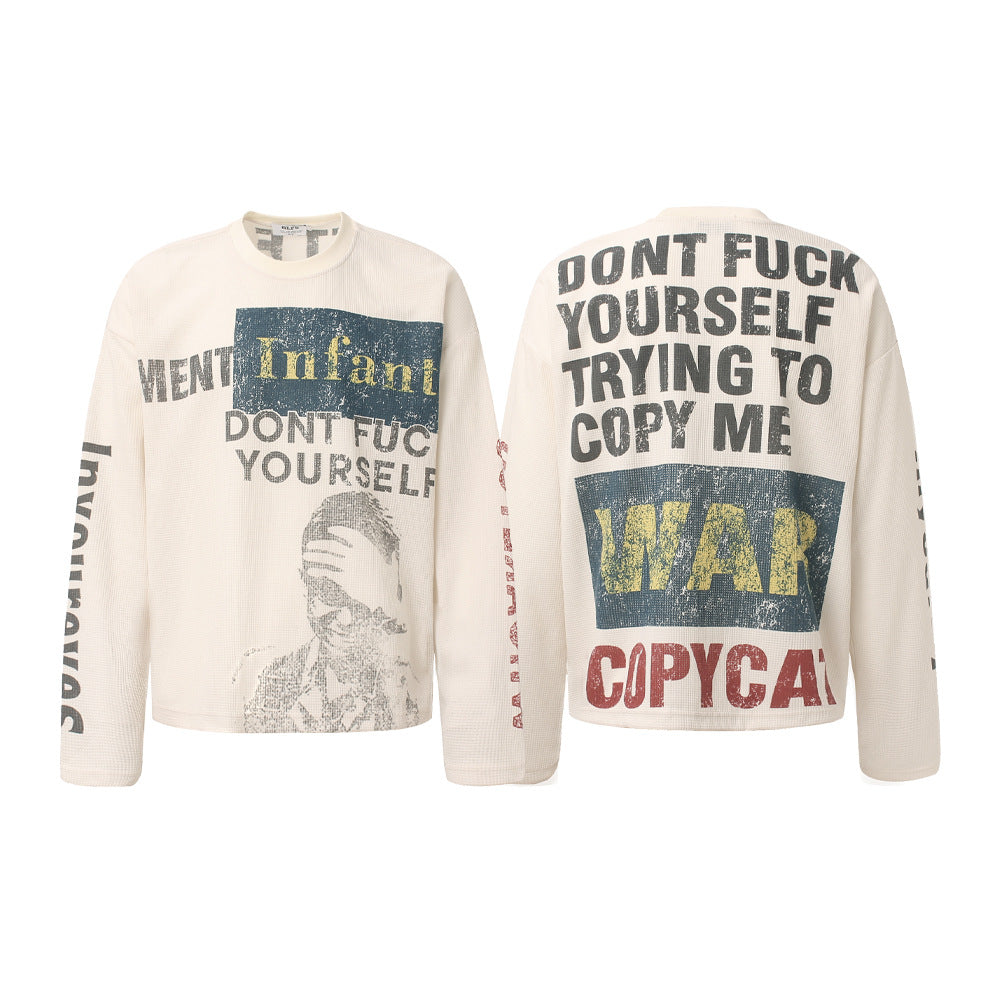 Graphic Print Crewneck | Waffle Knit Sweatshirt - Luxuryurbanwear