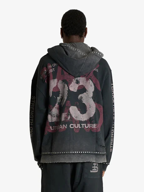 BLACK ISLAND Hoodie Studded Distressed ZipUp