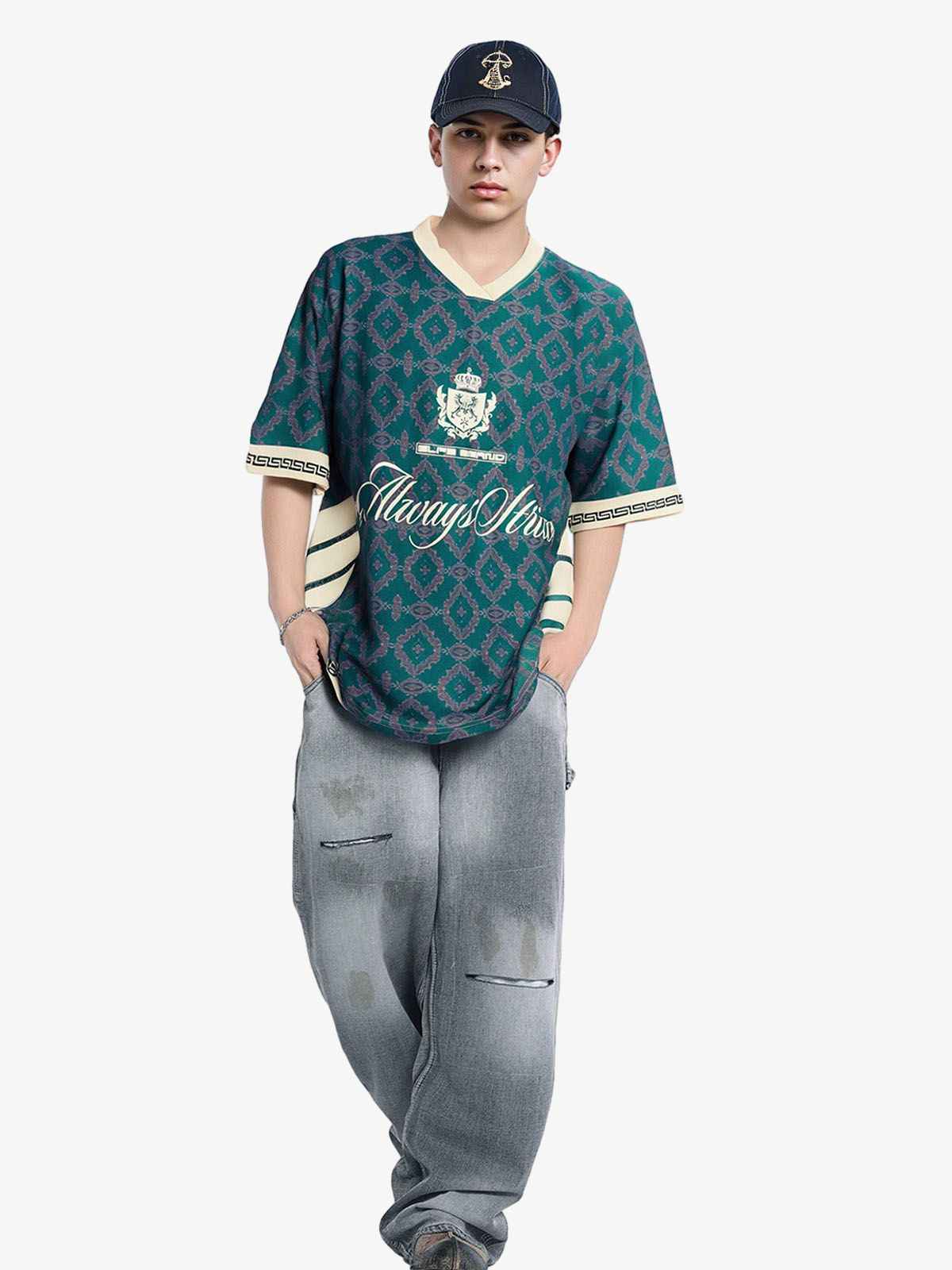 Always Strive Green Patterned Jersey V-Neck T-Shirt