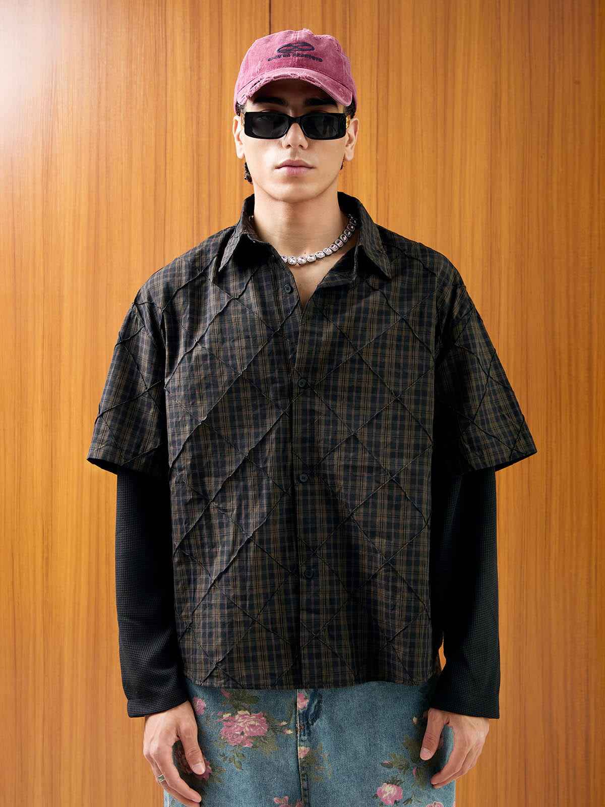 Heavy Plaid Pleated Striped Faux Two-Piece Polo Shirt