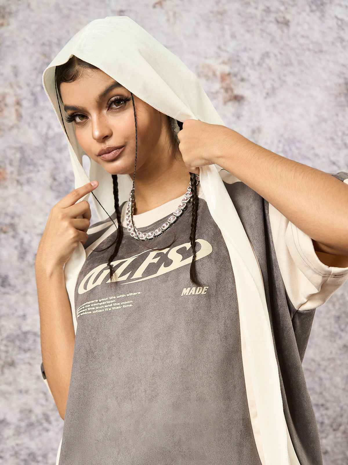 Deconstructed Contrast Color Stitching Printed T-shirt