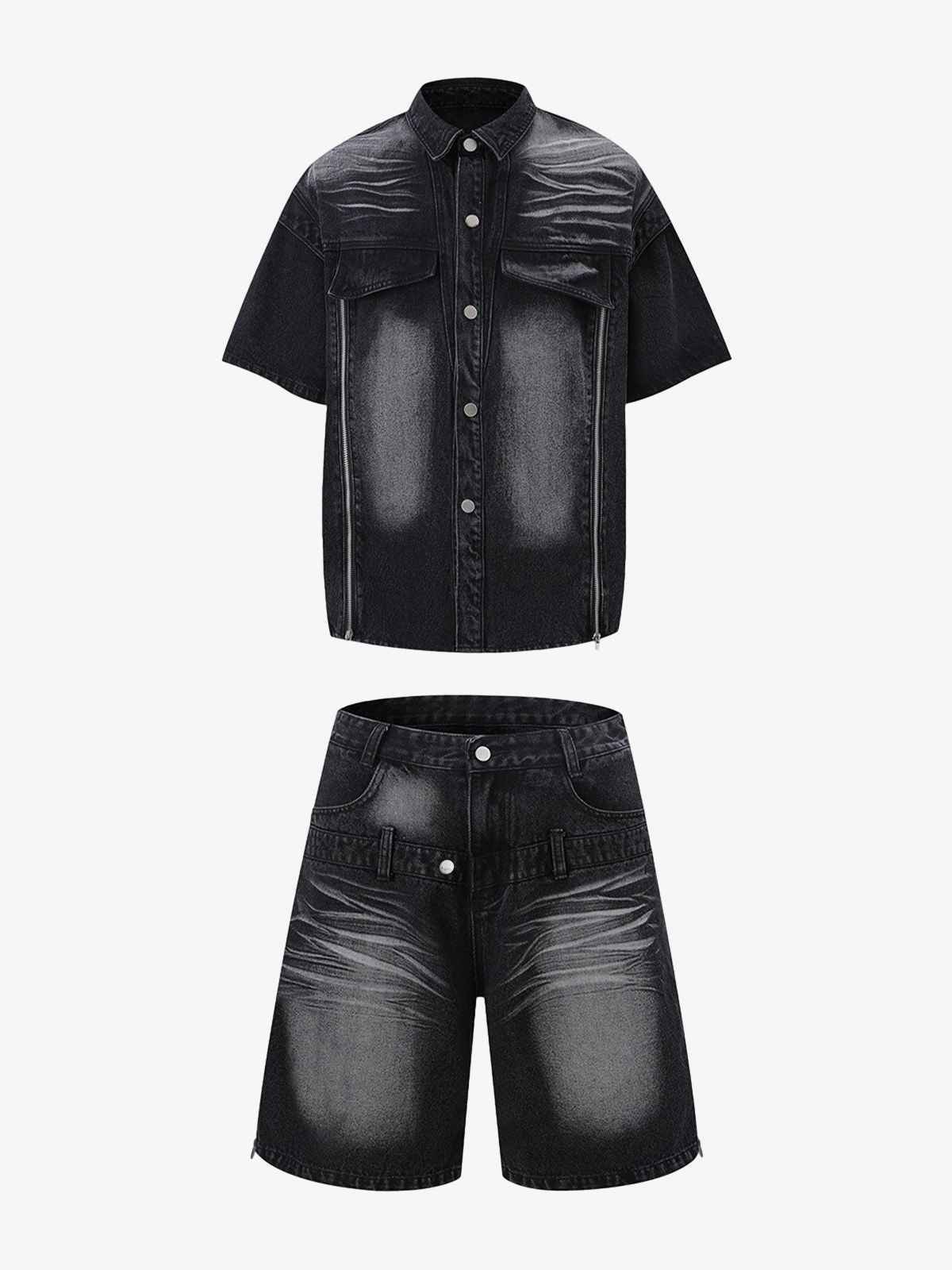 Distressed Washed Workwear Denim Shirt And Jorts Set