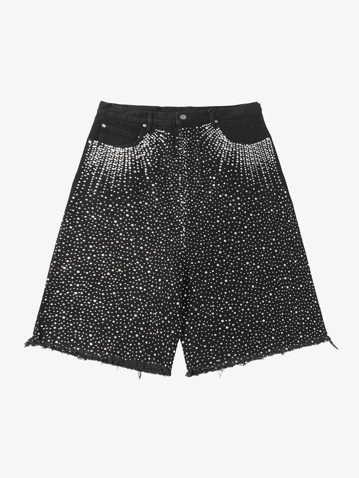 Retro Washed Rhinestone Raw Edge Denim Shorts - 2419