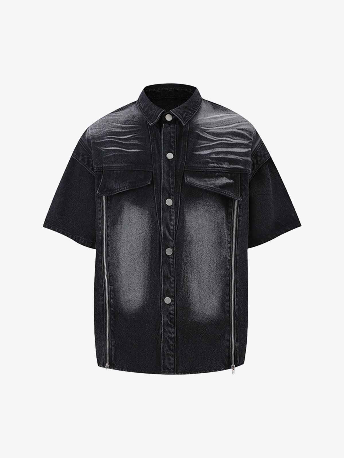 Distressed Washed Workwear Denim Shirt And Jorts Set