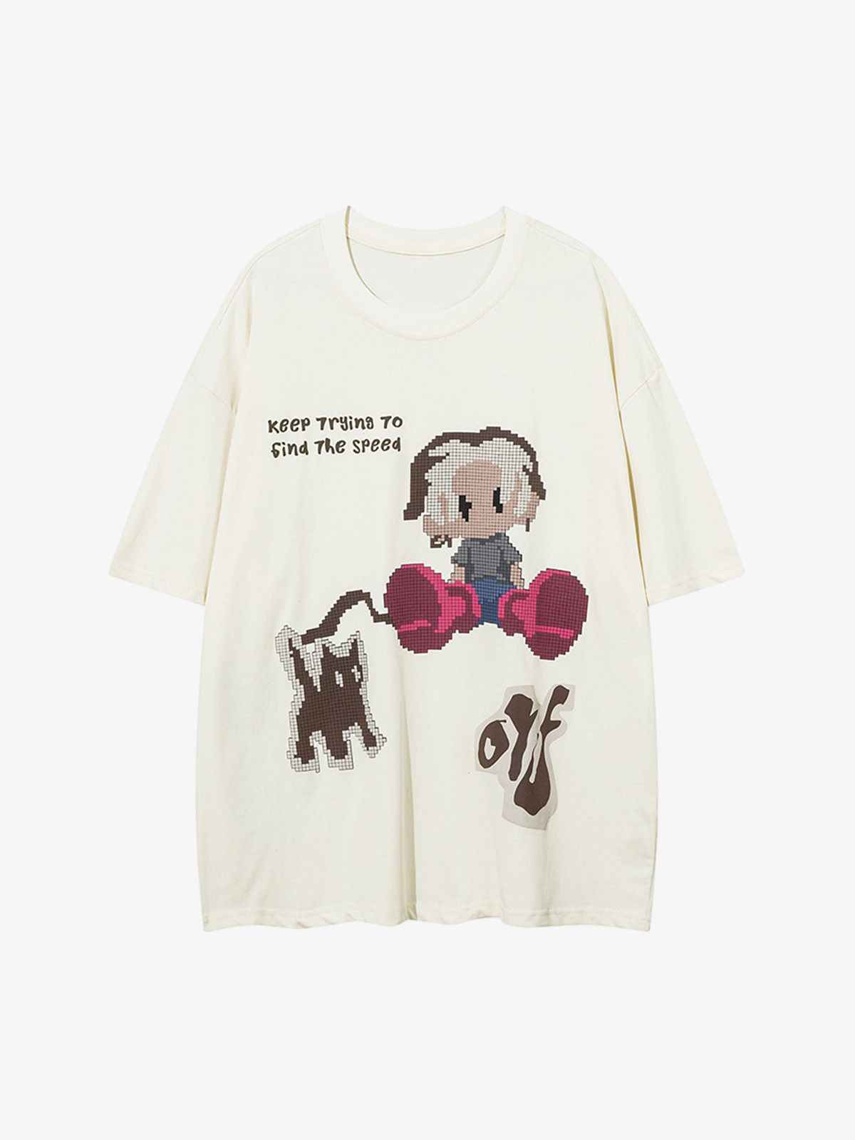 Front view of model wearing unisex oversized t-shirt with pixel art cartoon character