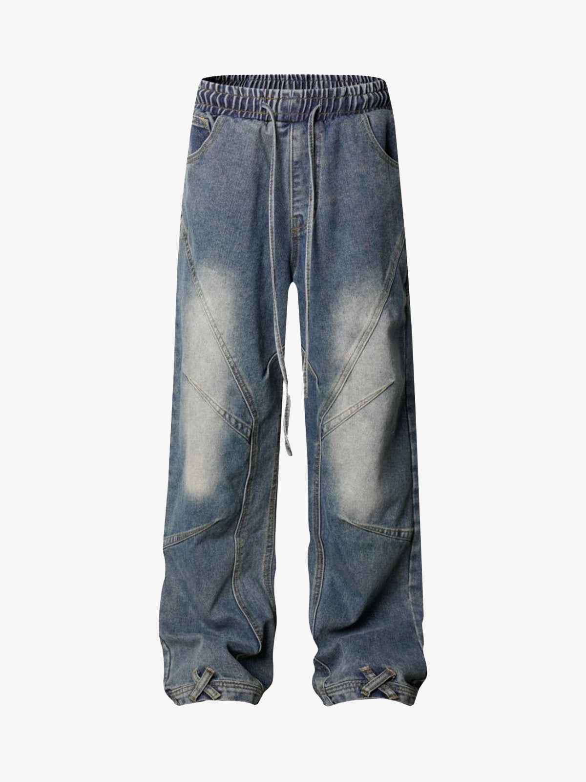 Washed Distressed Deconstructed Split Drawstring Jeans