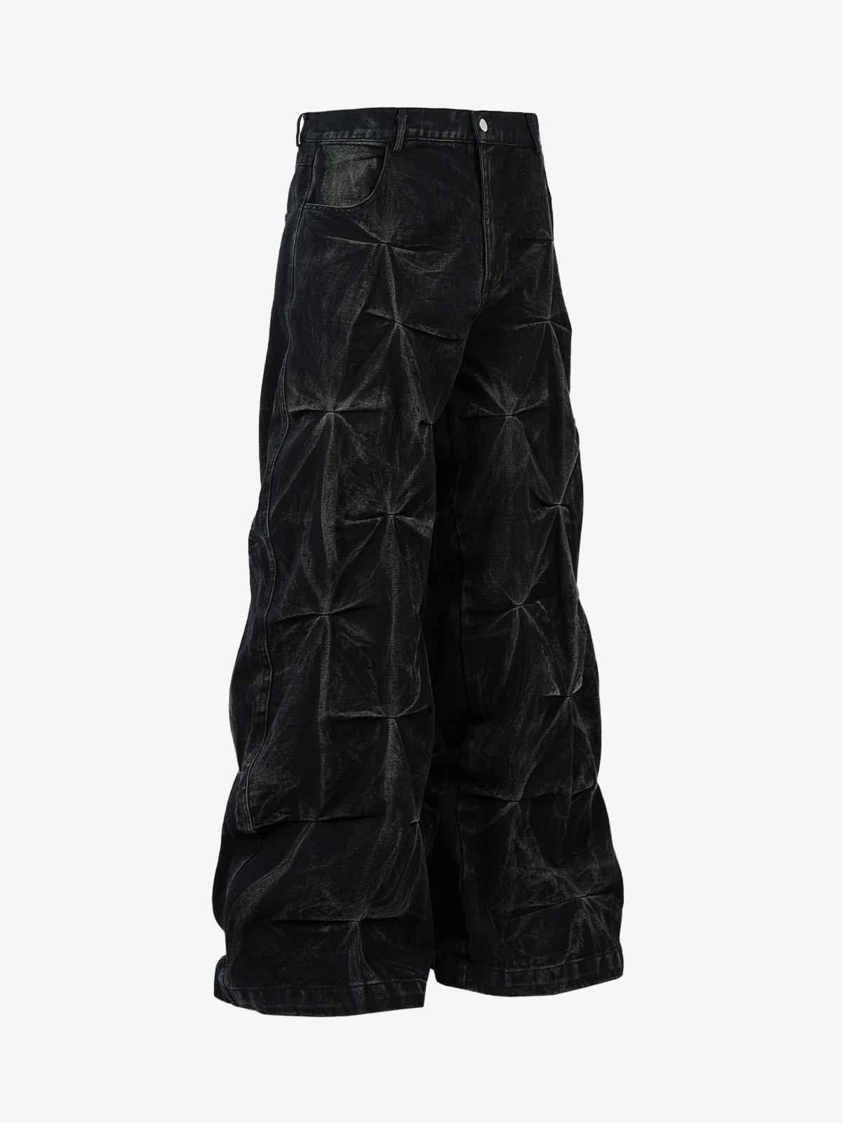 Denim Heavy Washed Distressed Pleated Baggy Jeans - 2282