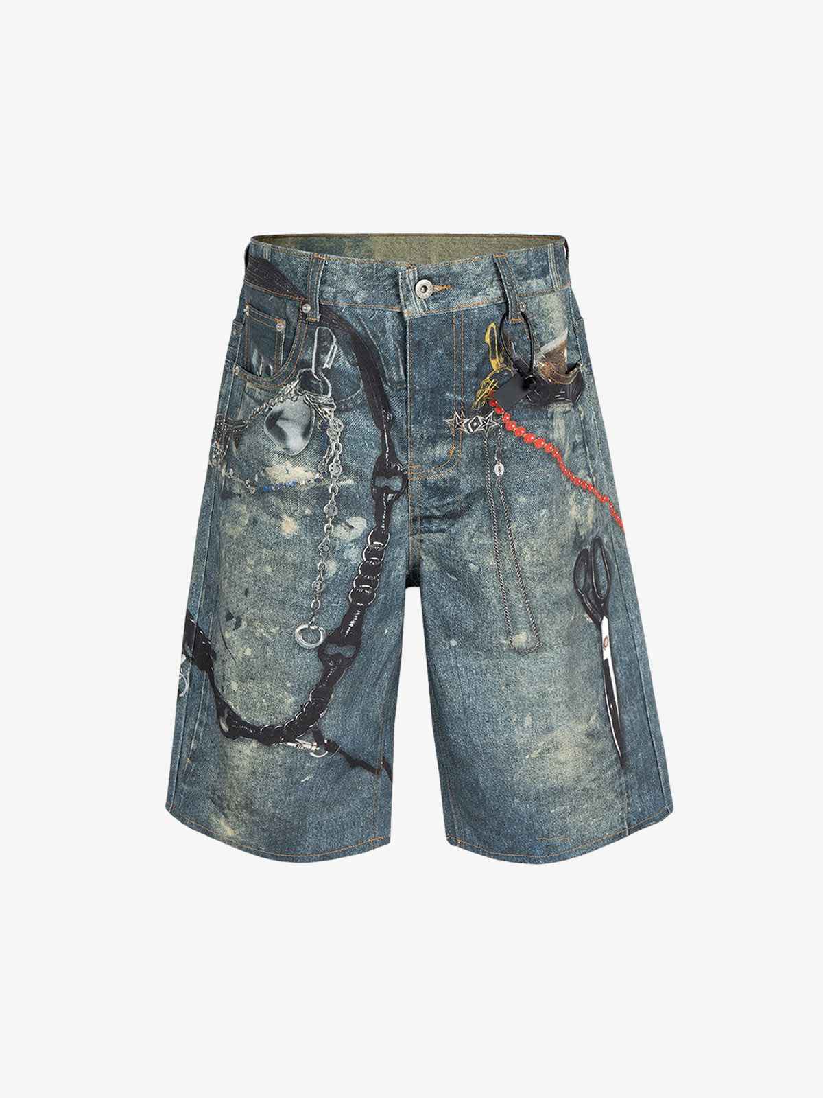Retro Scissors Print Cropped Denim Shorts - 2501