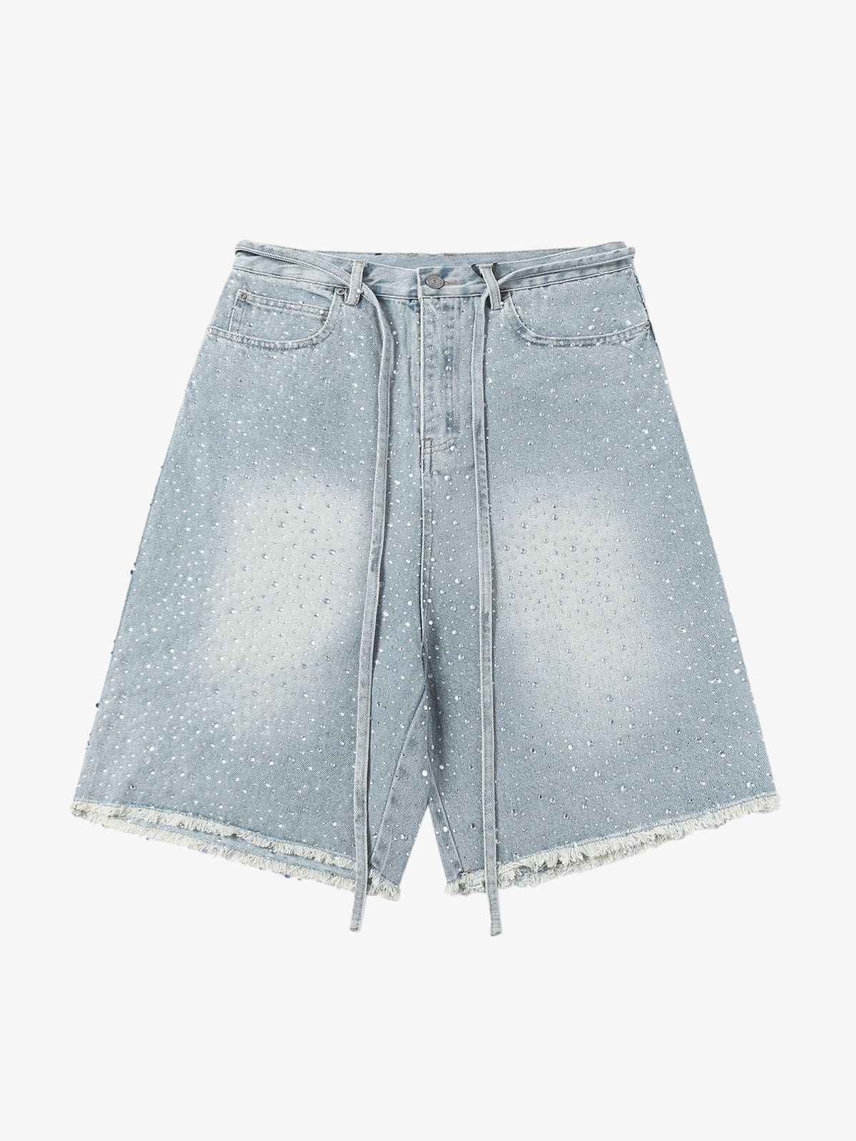 Distressed Rhinestone Denim Jorts - 2454