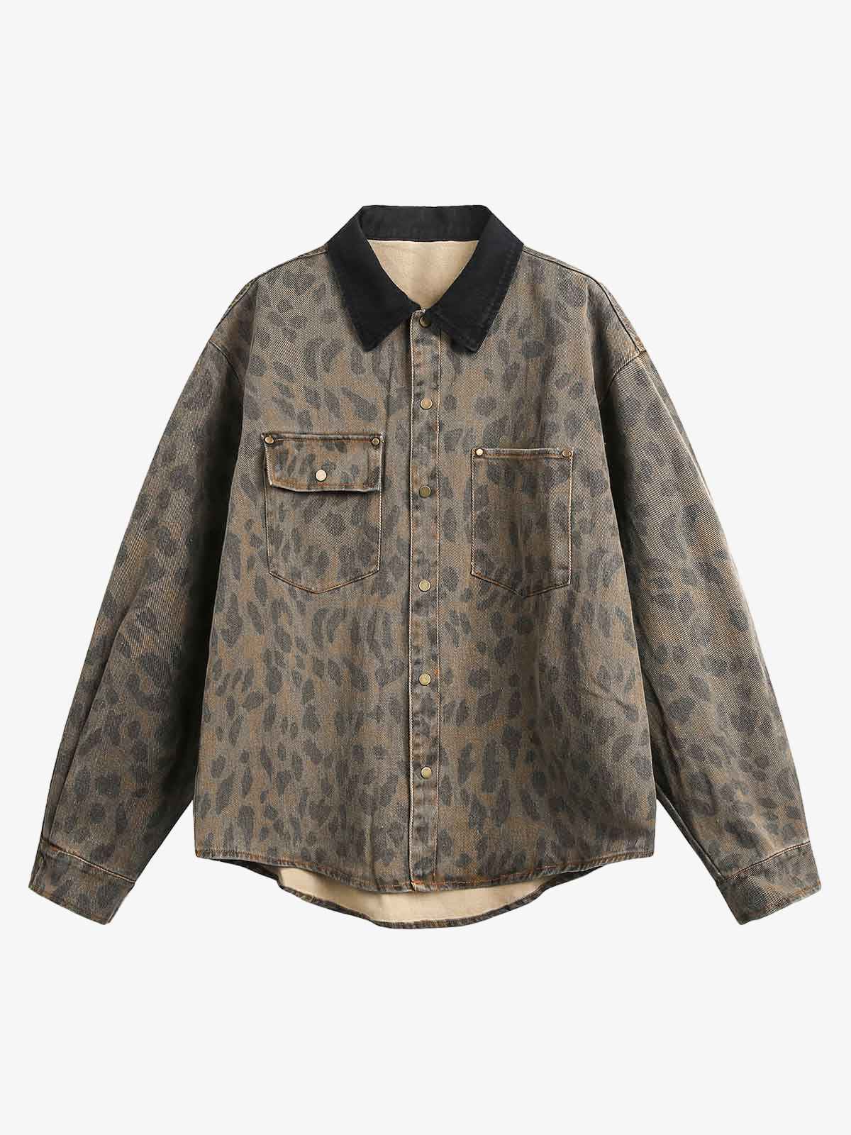 Vintage Distressed Cheetah Print Denim Shirt
