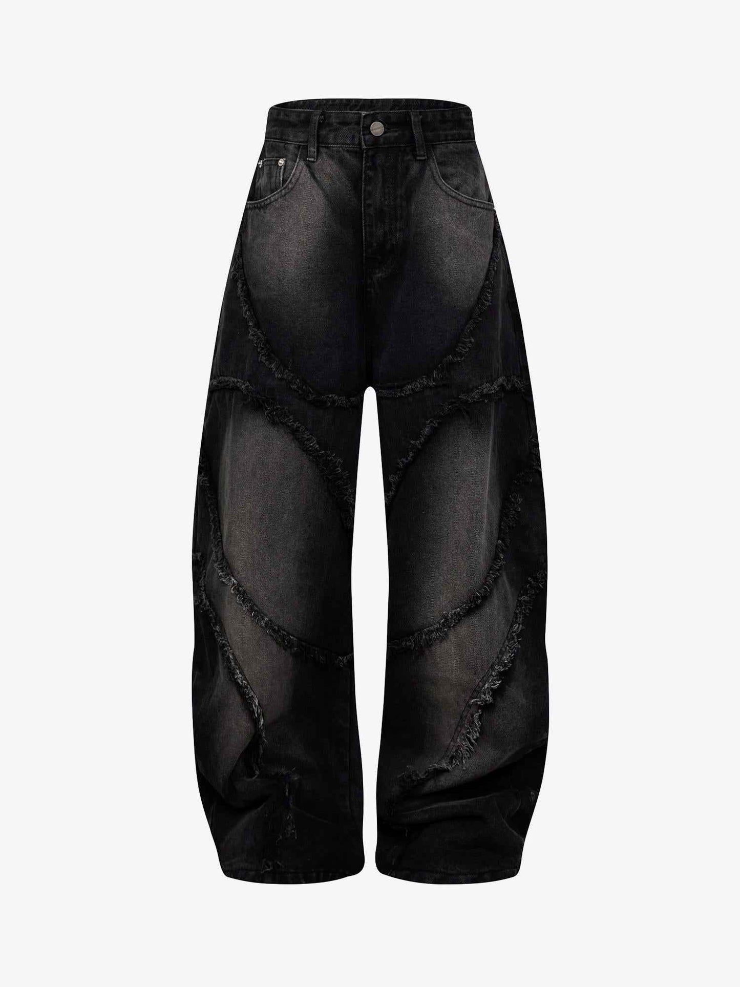 Washed Distressed Raw Edge Barrel Jeans - 2402