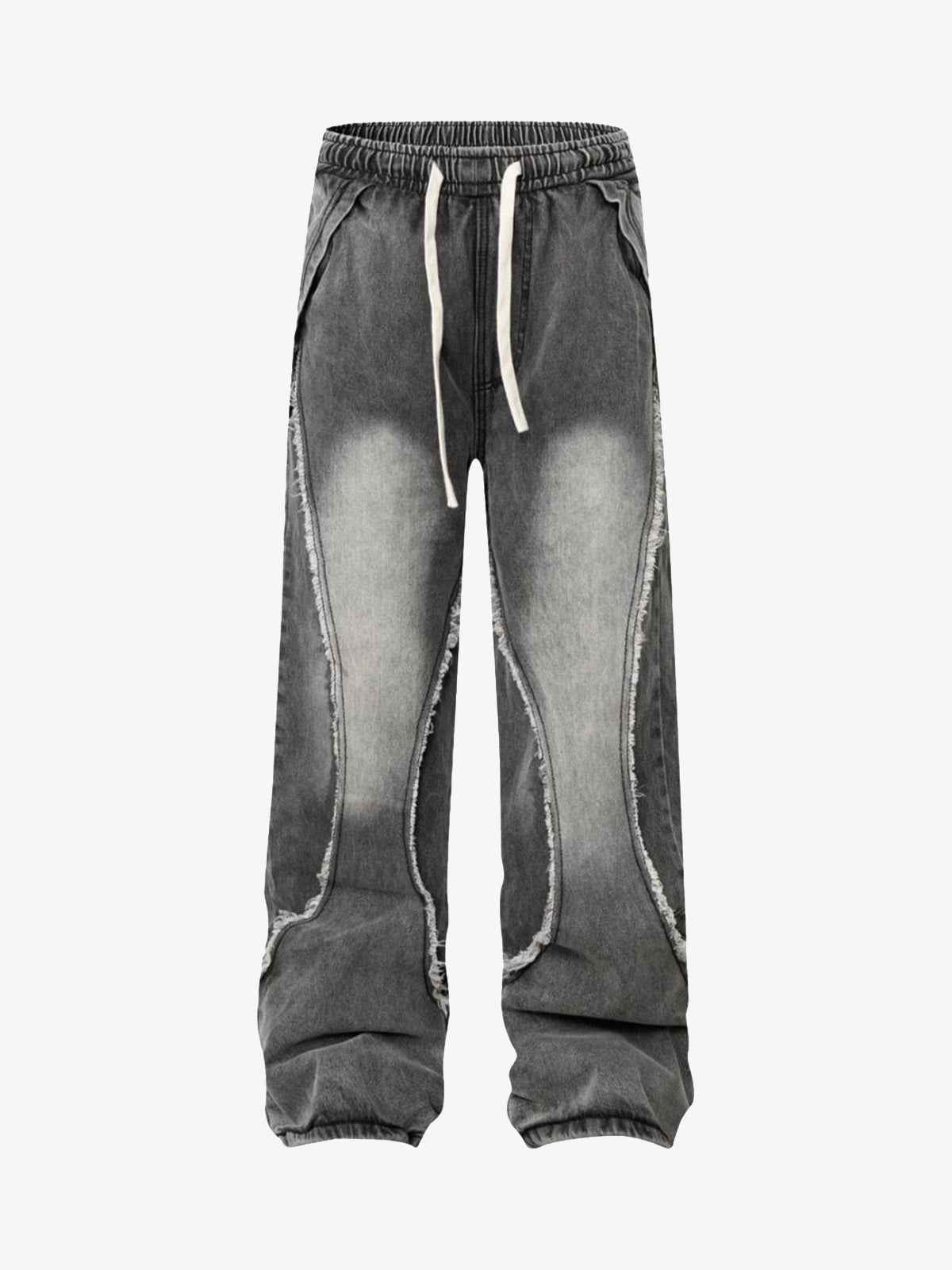 Washed Distressed Raw Edge Drawstring Jeans