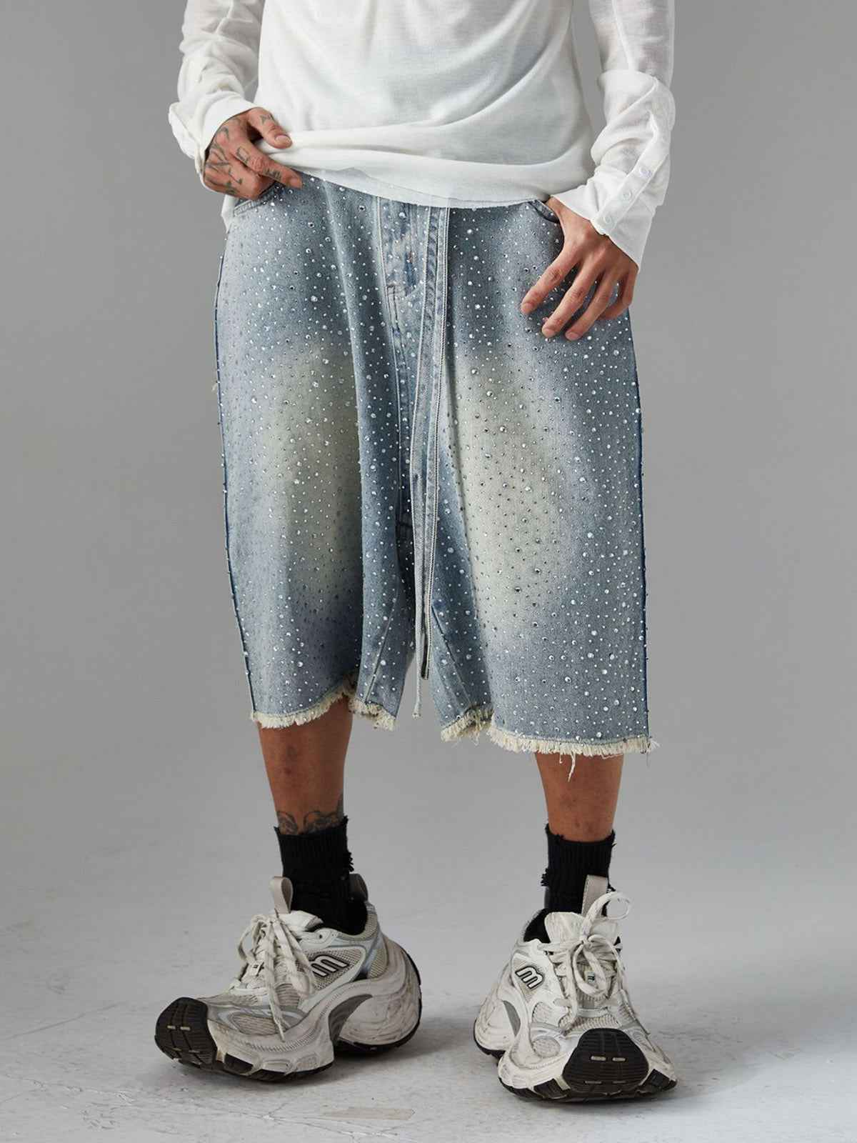 Distressed Rhinestone Denim Jorts - 2454
