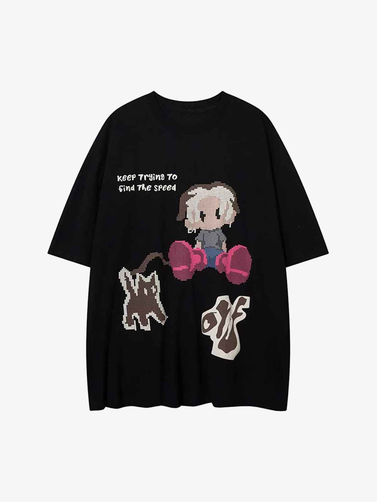 Front view of model wearing unisex oversized t-shirt with pixel art cartoon character