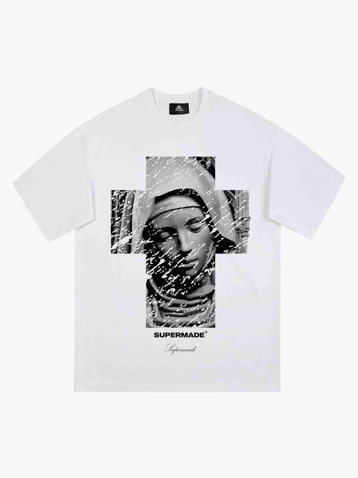 Original Retro Virgin Mary Mottled Cross Print T-Shirt