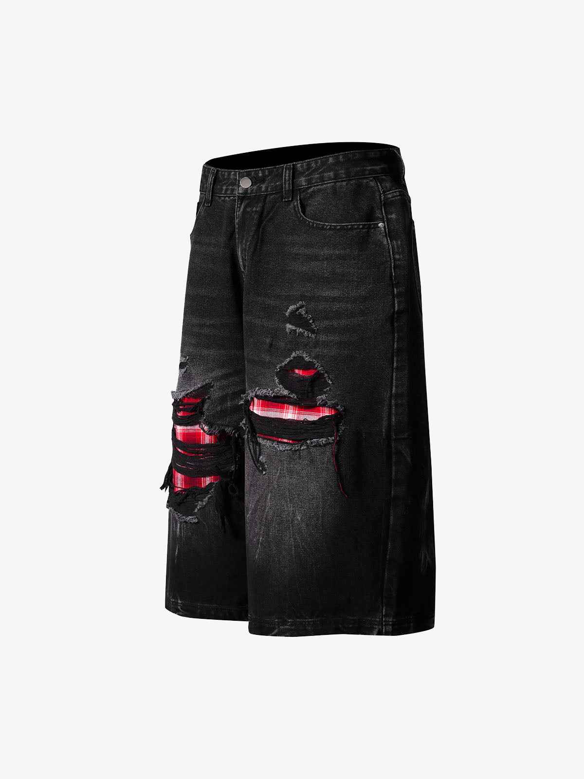 Retro Ripped Contrast Plaid Denim Shorts