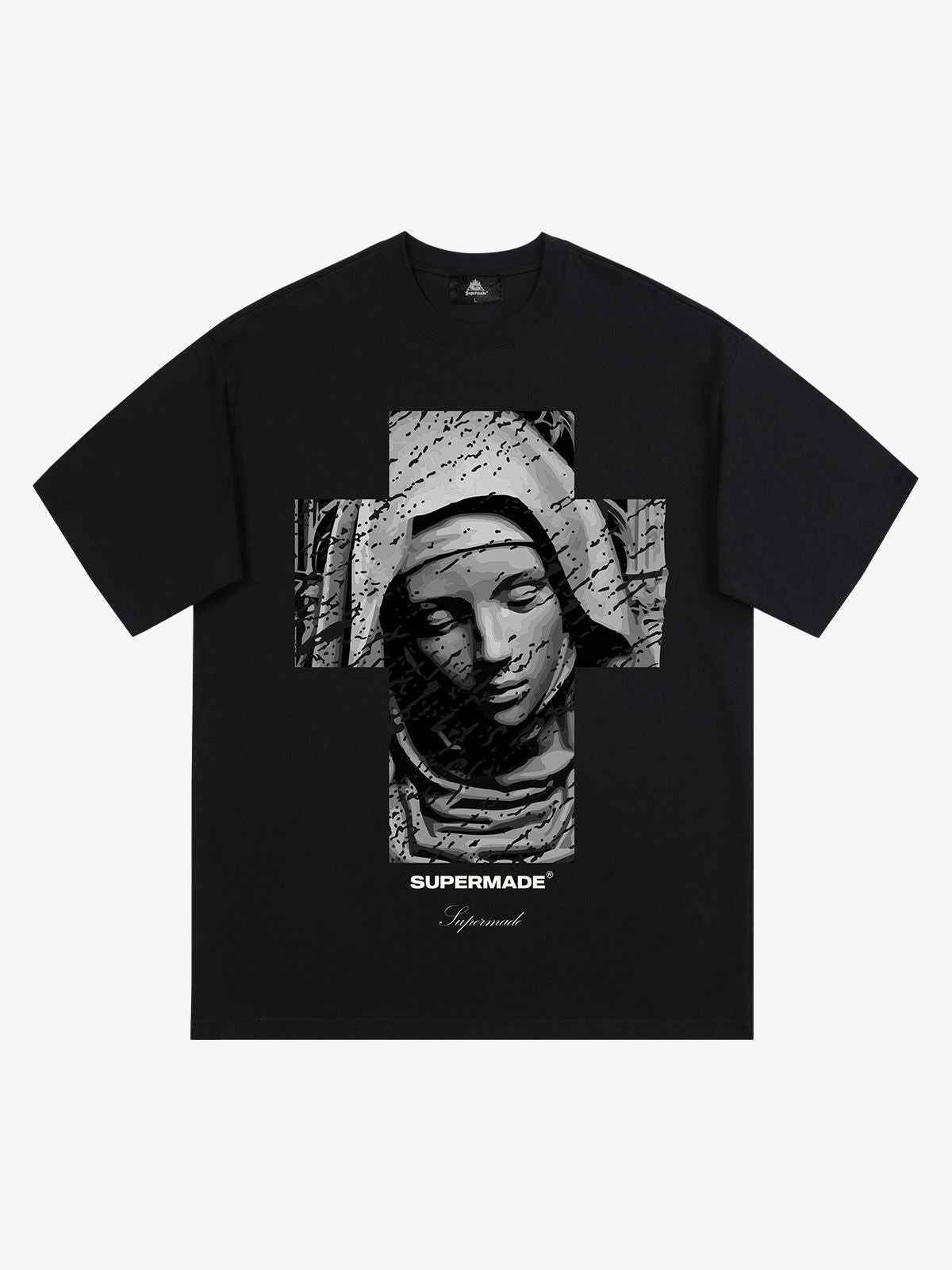Original Retro Virgin Mary Mottled Cross Print T-Shirt