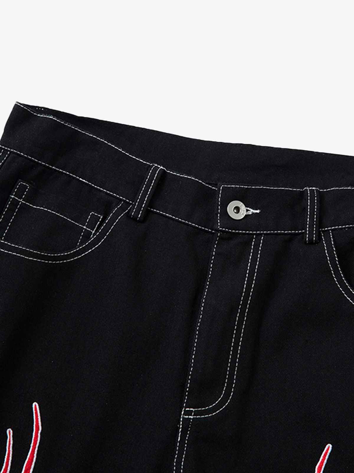 Contrast Flame Embroidered Baggy Jeans - 2364