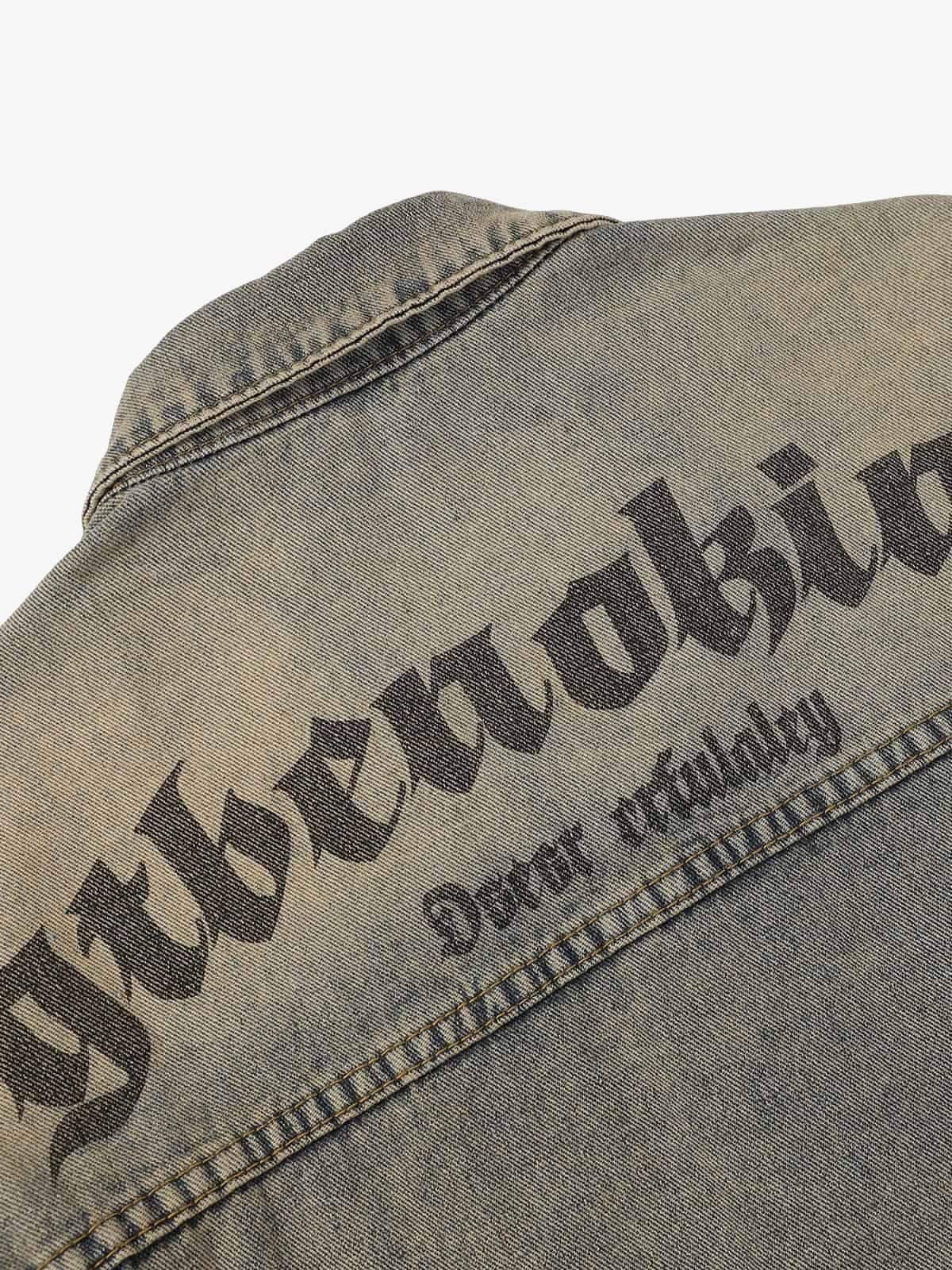 Washed Vintage Denim Jacket - Oversized Letter Print Distressed Trucker