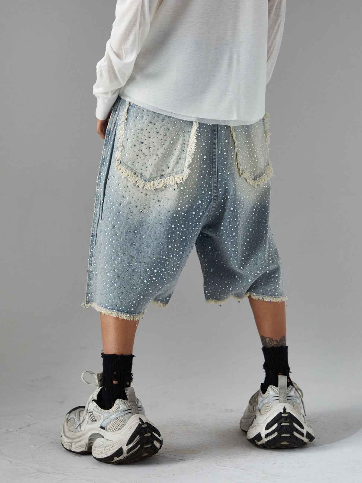 Distressed Rhinestone Denim Jorts - 2454