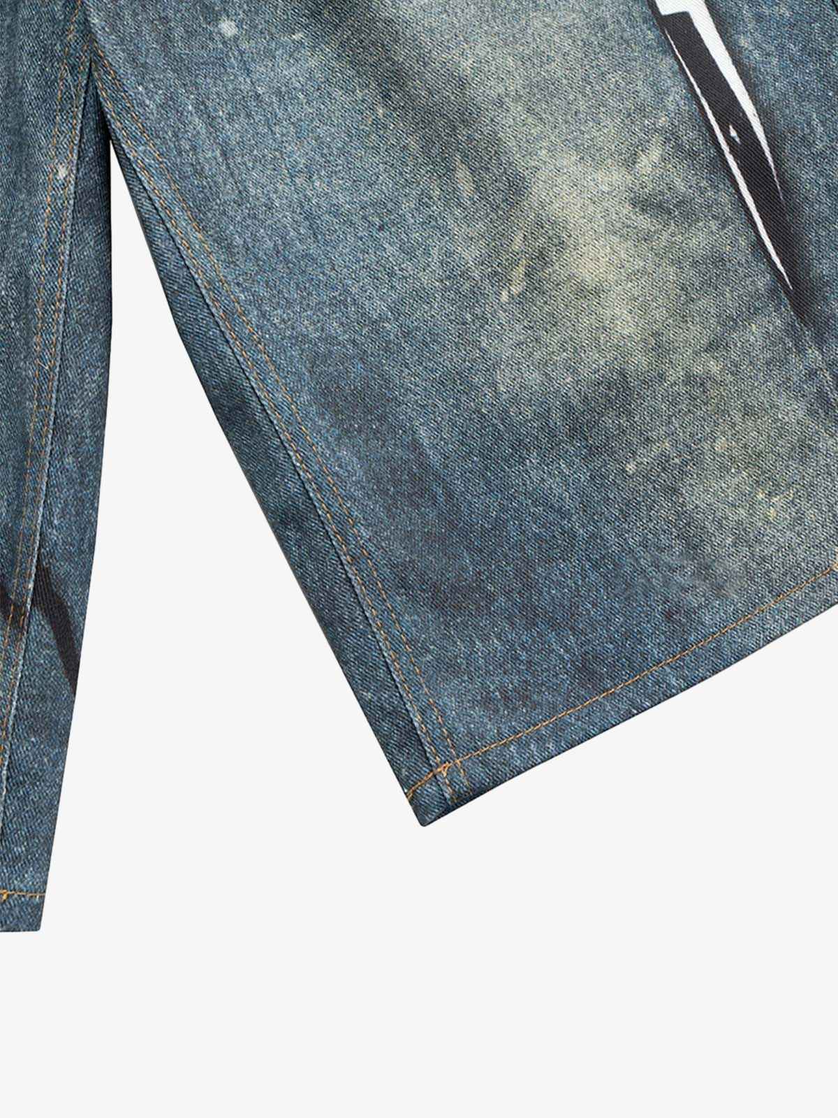 Retro Scissors Print Cropped Denim Shorts - 2501
