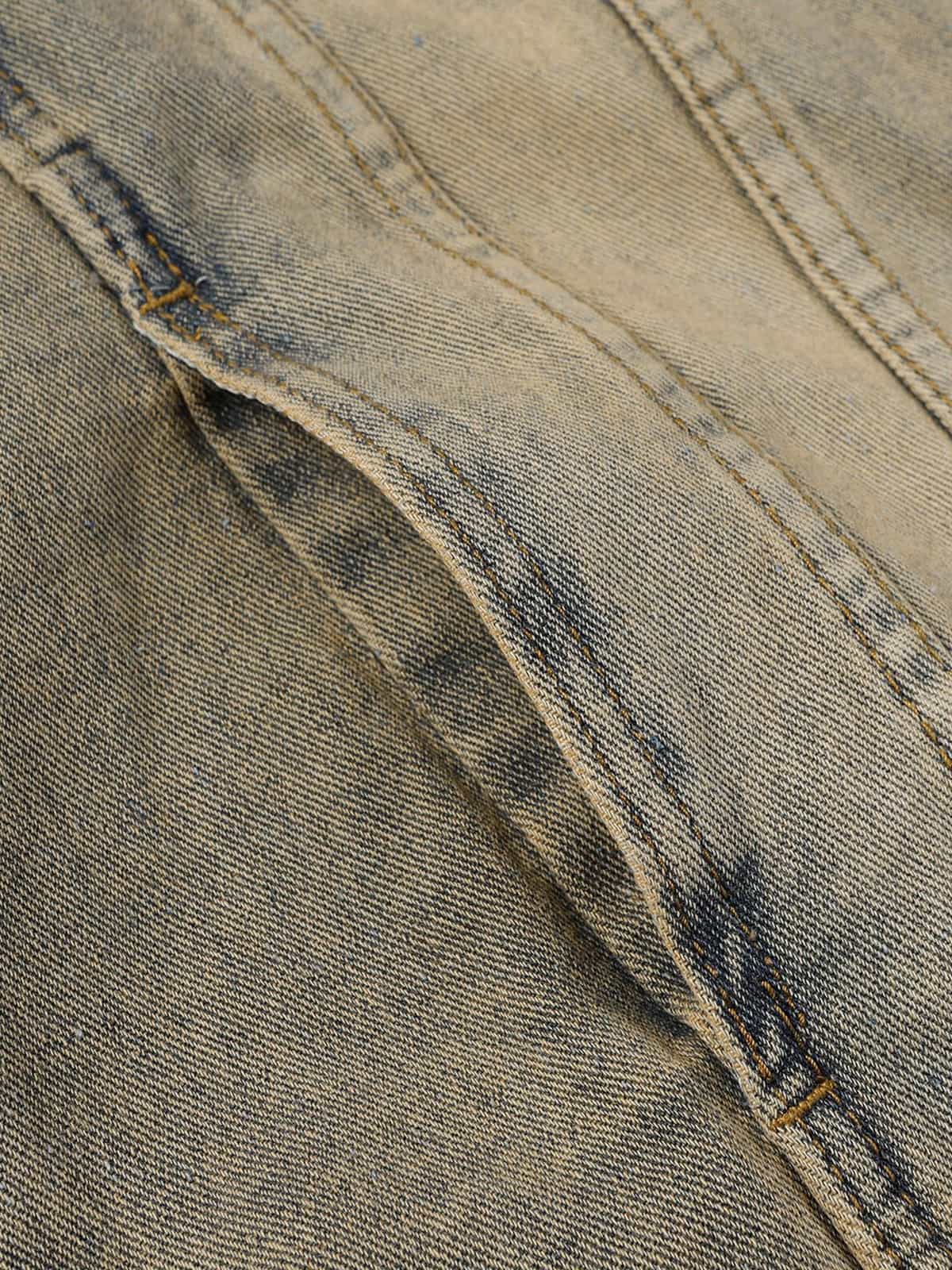 Washed Vintage Denim Jacket - Oversized Letter Print Distressed Trucker