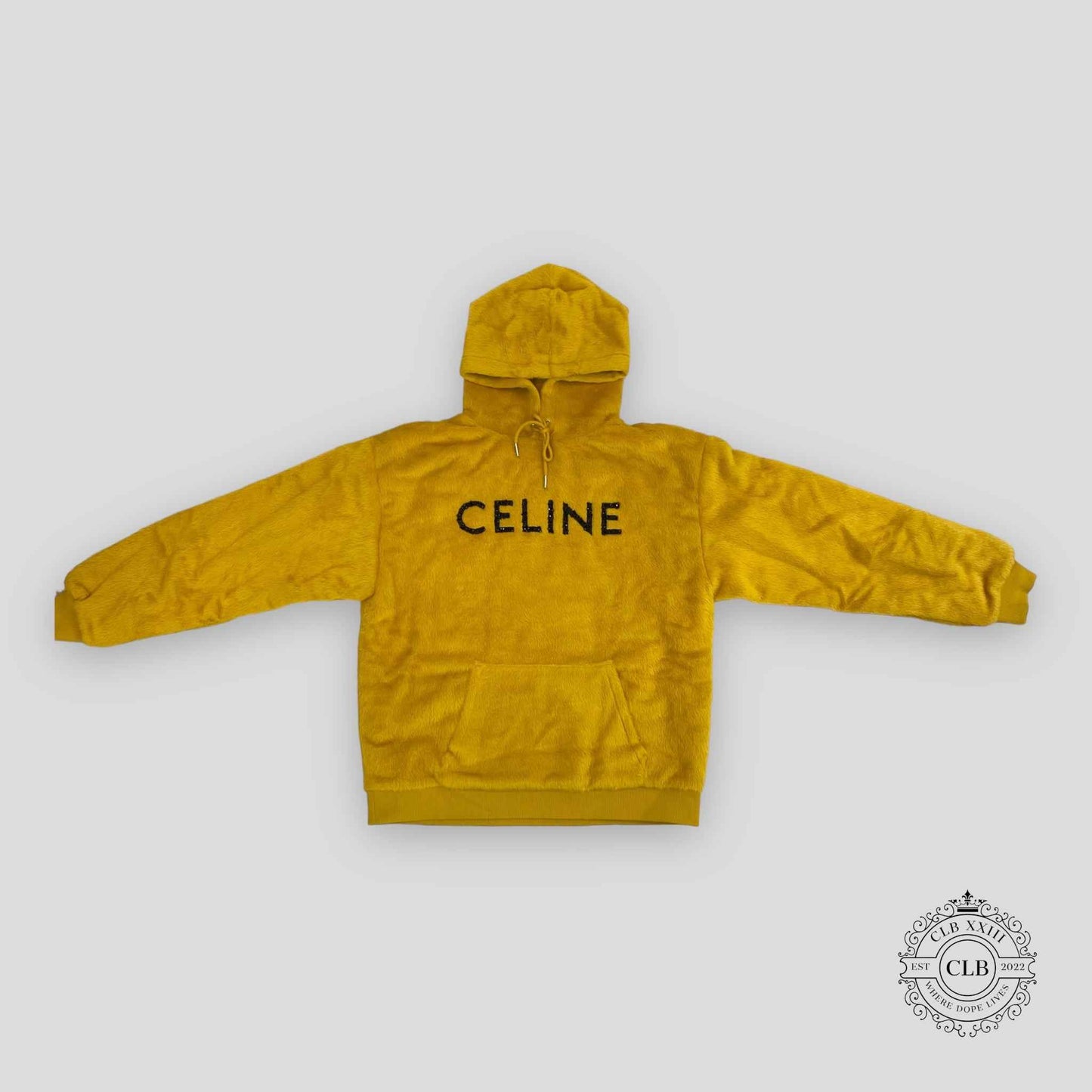Celine Homme Glitter Sequined Logo Fuzzy Hoodie in Yellow