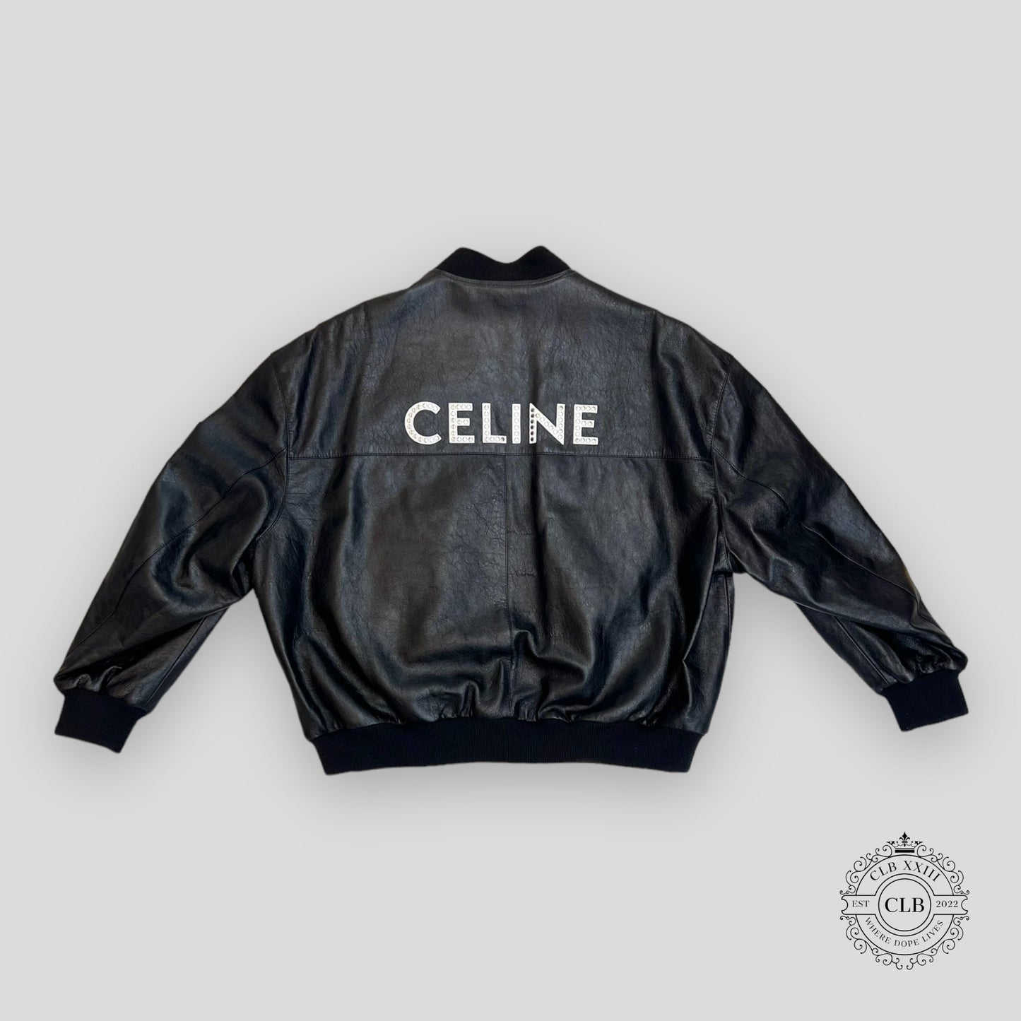 Celine Homme Studded Logo Leather Bomber Jacket in Black