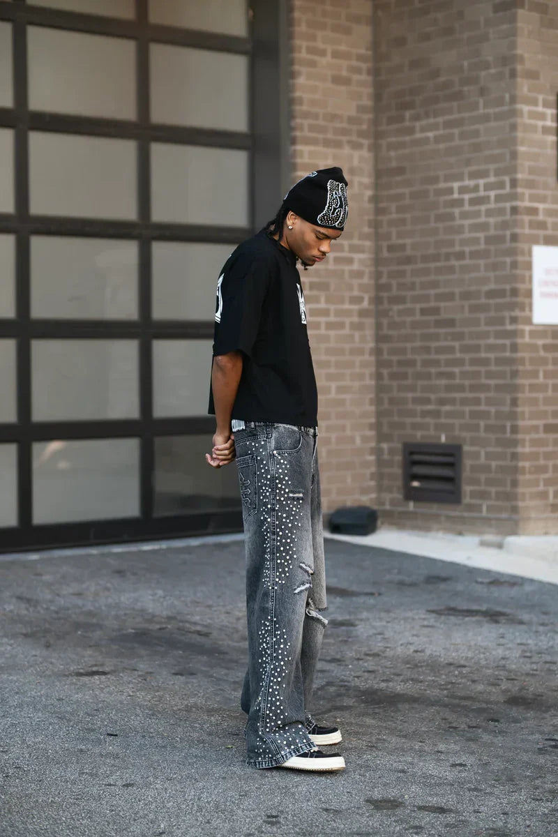 MIXED EMOTIONS Jeans Rhinestone Distressed Washed