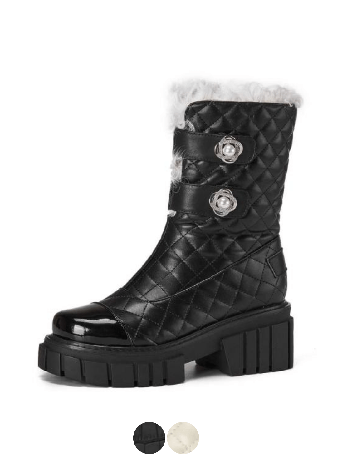 Kristen Women's Black High Heel Snow Boots with Pearl Mid-Calf Decoration - Luxuryurbanwear