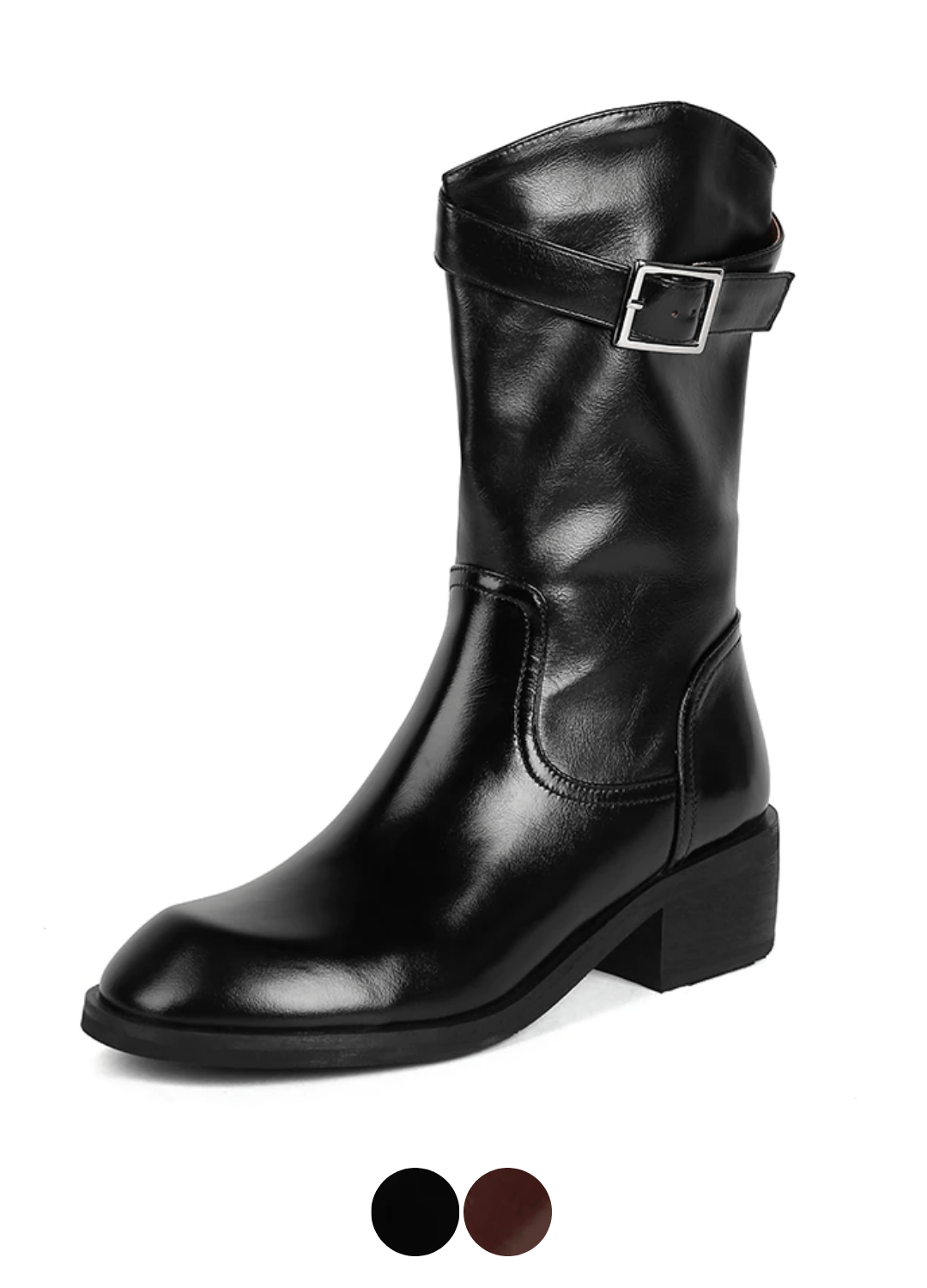 Julianti Women's Winter Round Toe Leather Black Boots Square Metal Buckle Mid-Calf
