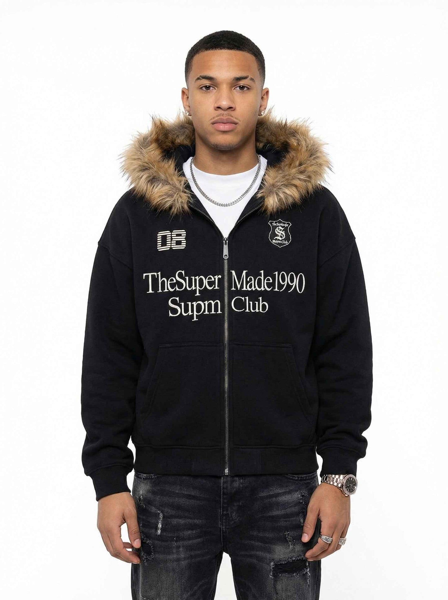 Letter Medal Embroidered Cardigan Fur Collar Zip Up Hoodie- 2502