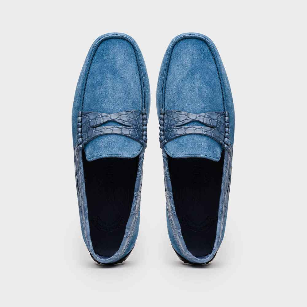 31-160-DNM MONZA Sueded Calfskin with Crocodile Driver Denim