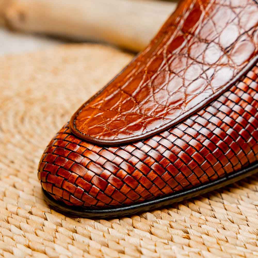 11-620-CGN PALIO Genuine Crocodile and Calfskin Basketweave Slip On, Cognac